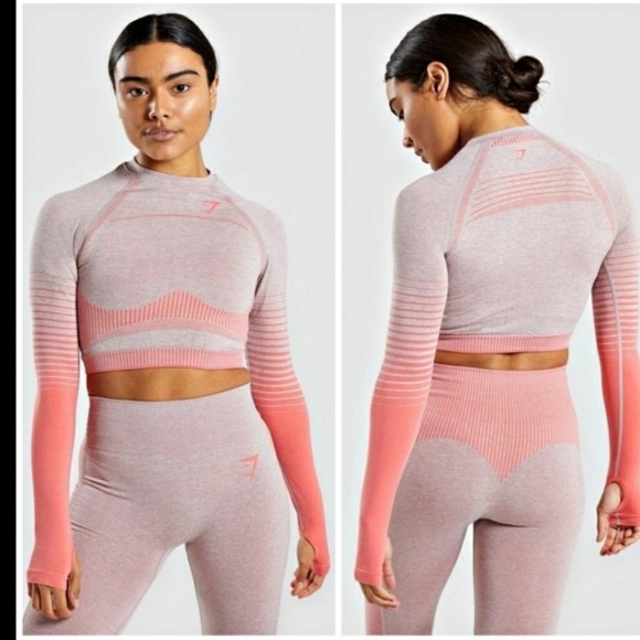 NWOT GYMSHARK Amplify Seamless Set Sz M Taupe Marl/Peach Coral Crop + Leggings - Picture 1 of 14